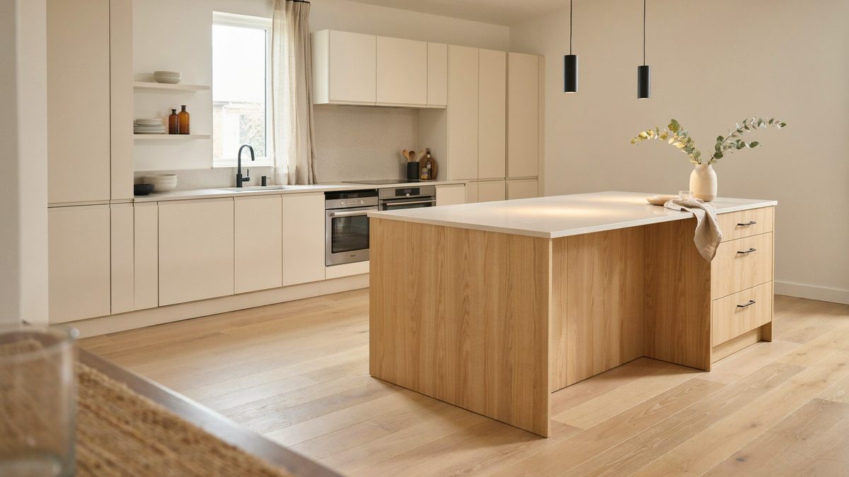 Pale cabinets and an L shaped oak island on light maple flooring
