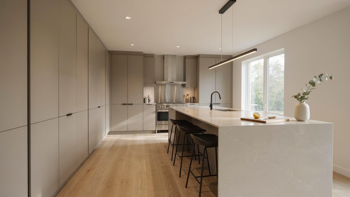 Greige slab door cabinets with a long linear light above the island
