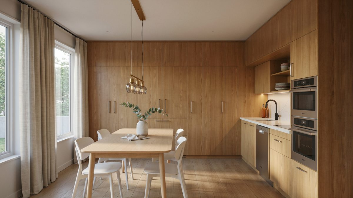 Walnut slab cabinets wrapping a dining table with white chairs