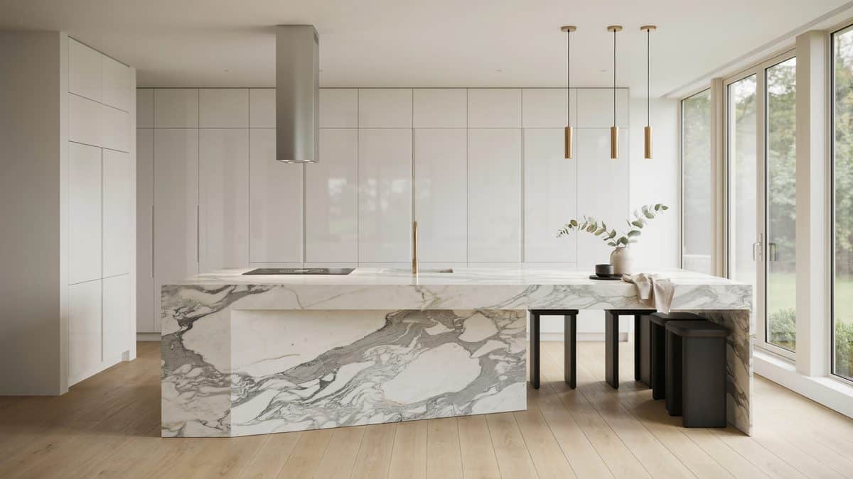 High gloss white cabinets behind a veined waterfall marble island