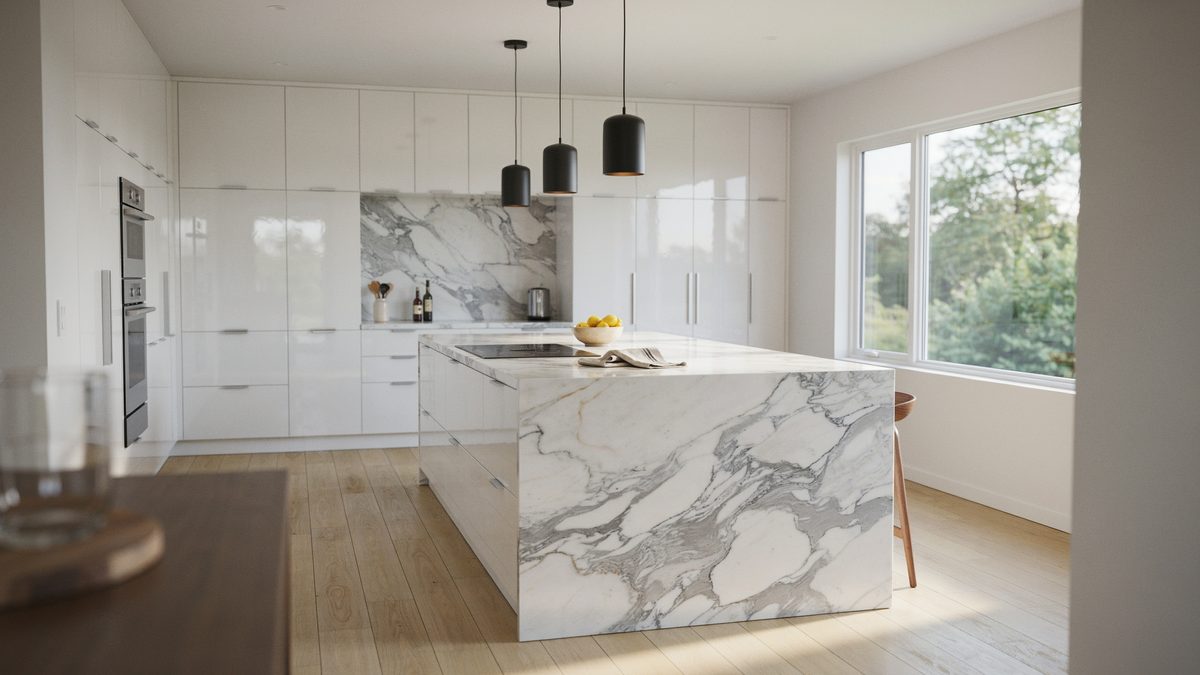 Lacquered white cabinets with a calacatta marble island and matching backsplash