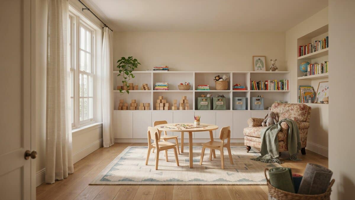Multi use play room with white cubby storage, a small wood play table and a soft neutral rug