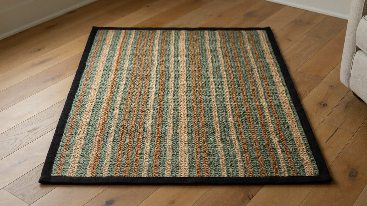 Seagrass rug with woven green and tan reeds and a black cloth border