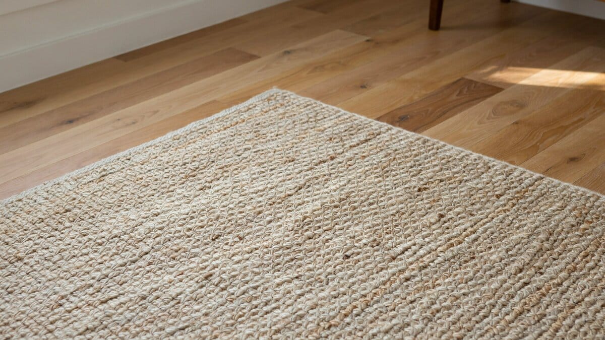 Natural sisal area rug showing tight basketweave texture on oak flooring