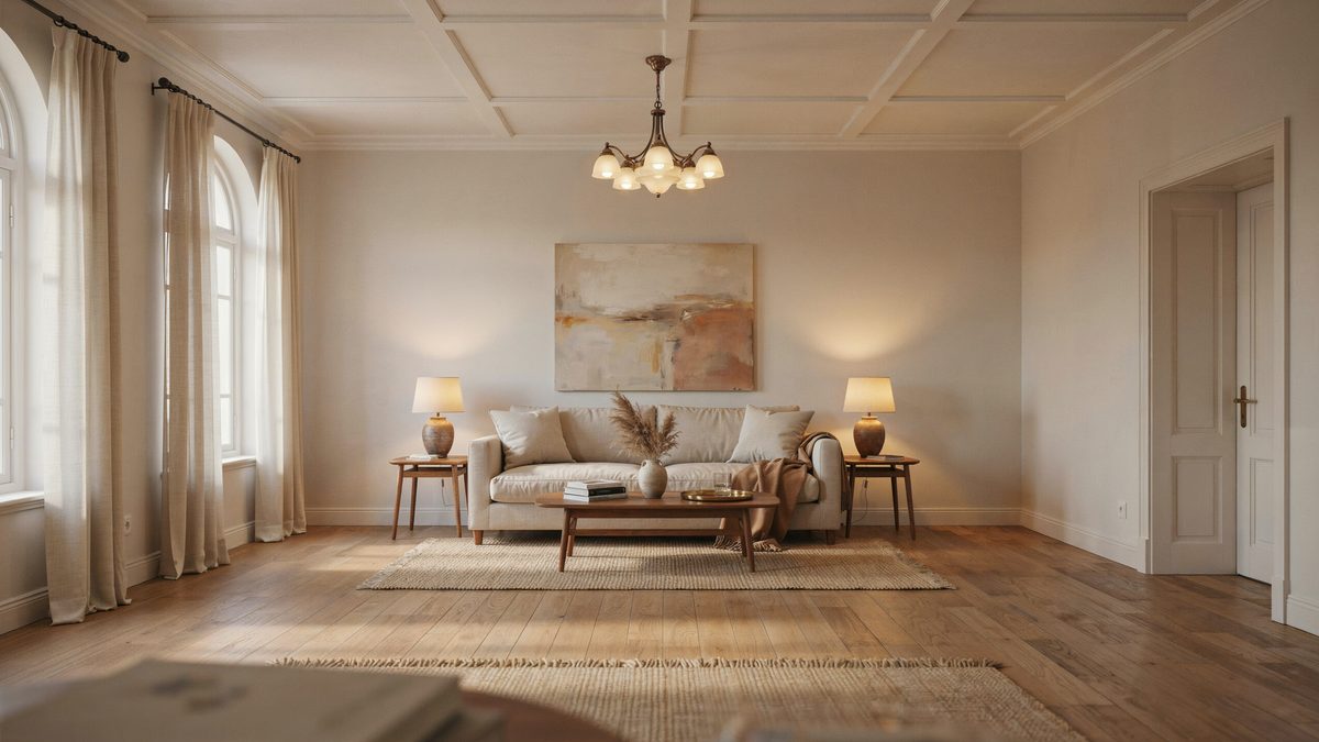 Small bronze chandelier under a coffered ceiling above a beige sofa and jute rug