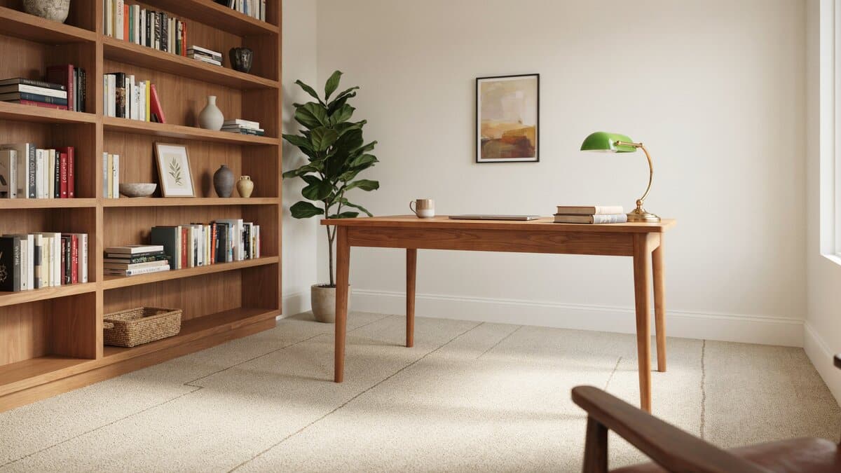 Beige nylon carpet in a home office with a wood desk and bookshelves