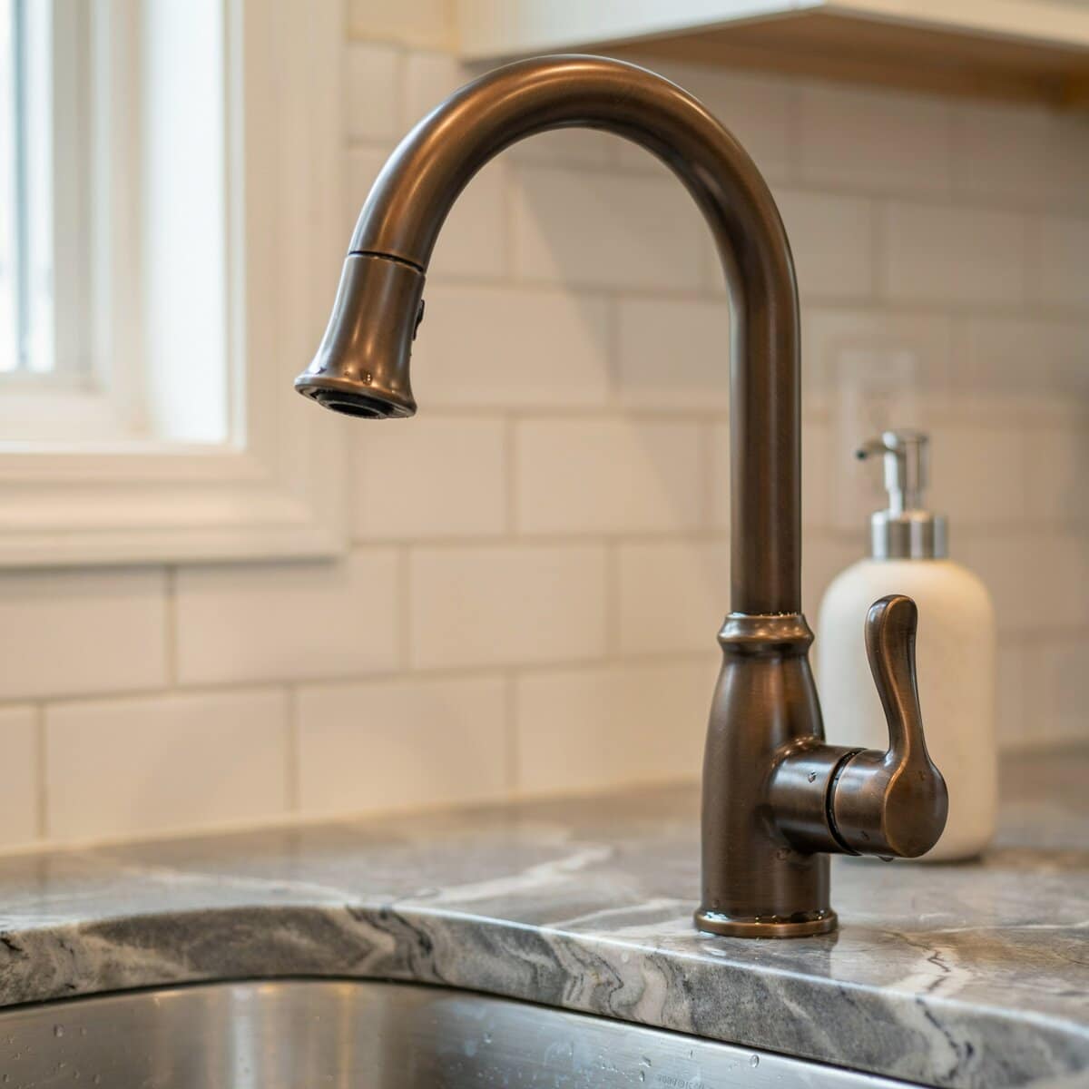 Oil rubbed bronze faucet with soap dispenser over stone countertop sink