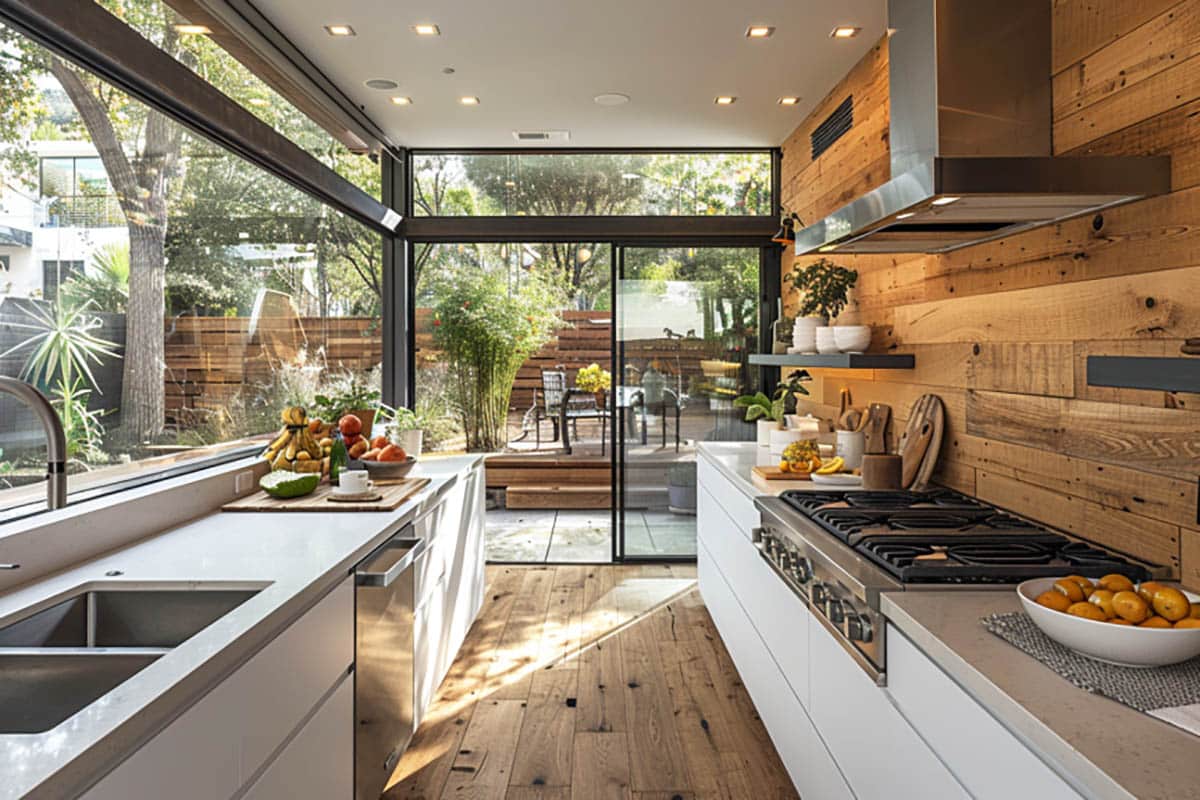 Beautiful corner window kitchen with wood wall and modern cabinets in white