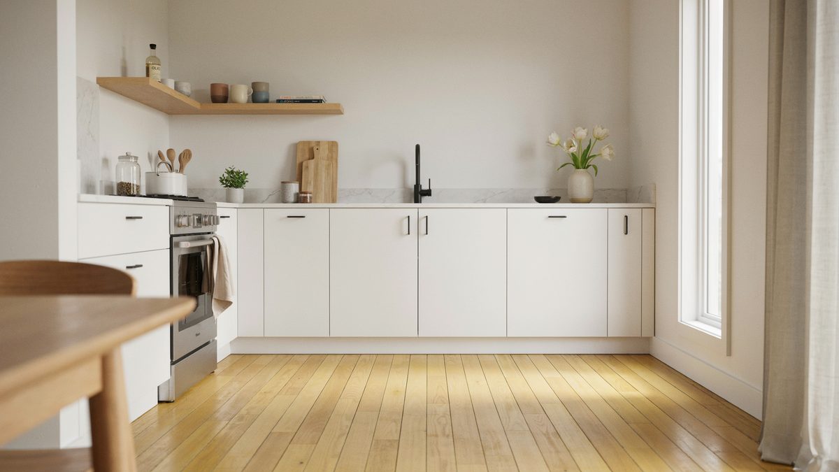 Single wall kitchen with golden birch flooring and a floating oak shelf