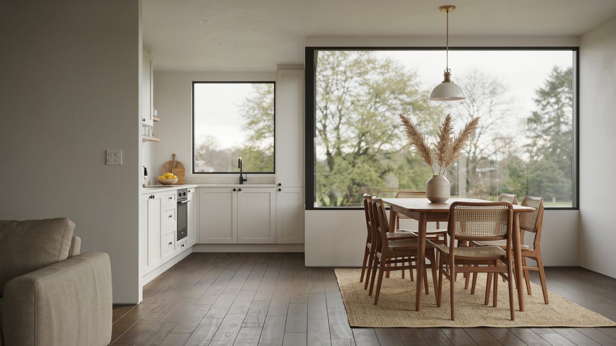 Dining area beside a picture window above dark stained bamboo flooring