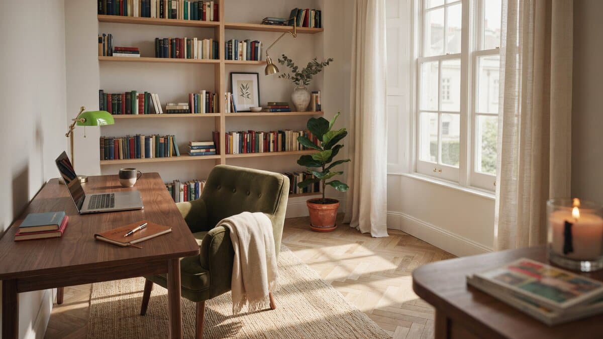 Formal living room turned home office with a walnut desk, built in book shelving and tall windows