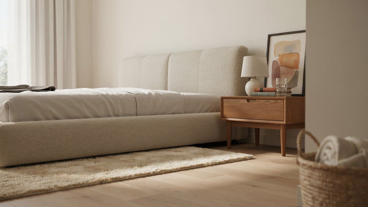Thick plush pile rug laid beside a low bed and wood nightstand