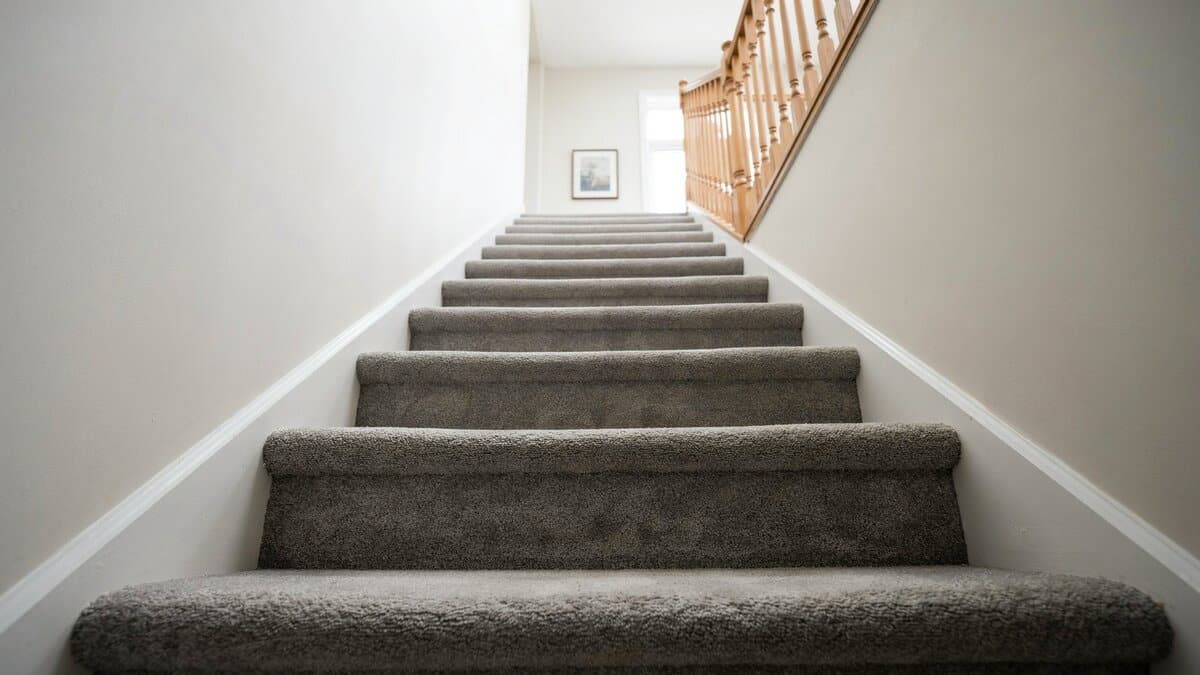 Gray polypropylene loop carpet covering stair treads with white painted risers