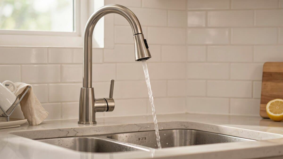 Brushed nickel pull-out faucet spraying water over stainless double basin sink