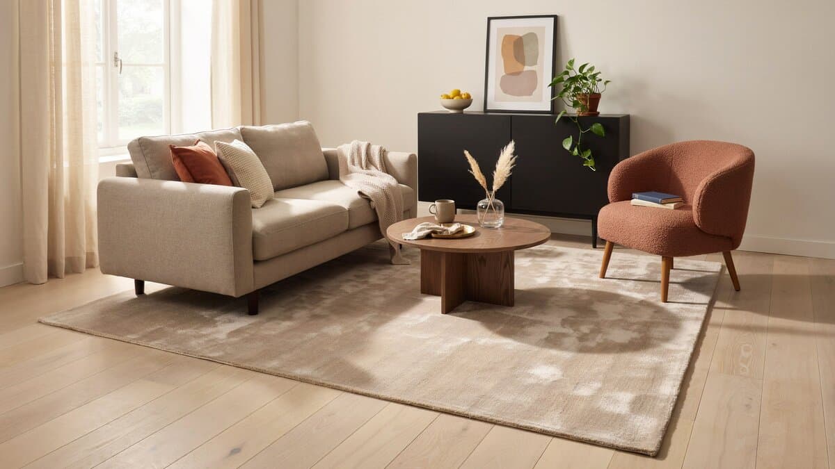 Silky rayon area rug anchoring a living room with a sofa and rust armchair