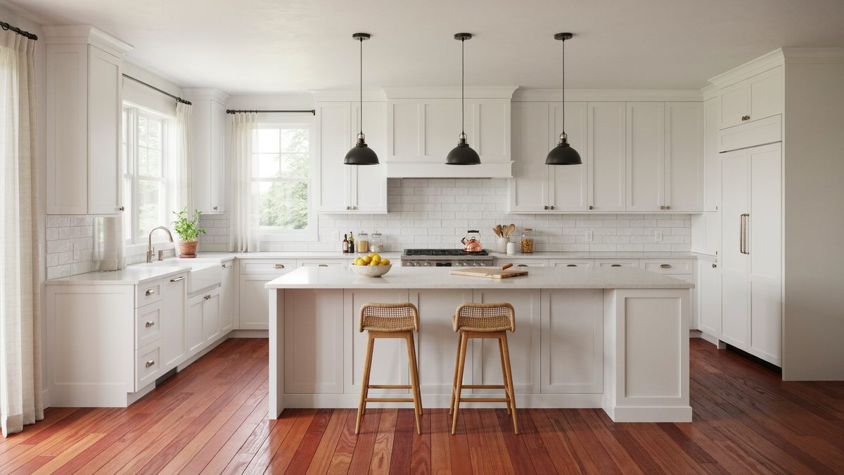 Shaker kitchen with black pendants above reddish red oak plank floors