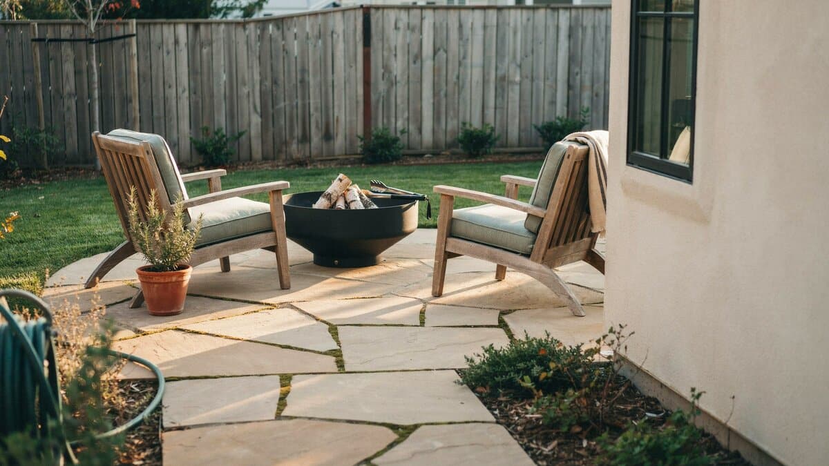 Backyard corner seating nook with rough tan stone and a black fire bowl