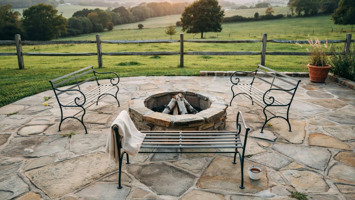 Stone fire pit circled by wrought iron benches beside a weathered rail fence