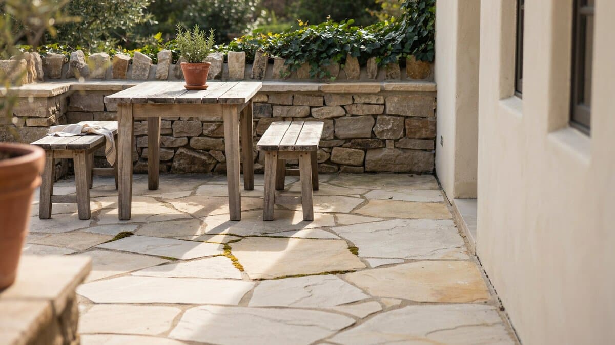 Small golden white stone patio ringed by a stacked wall and weathered wood table