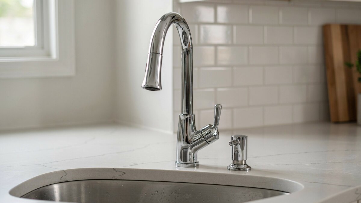 Chrome single handle faucet with pull-down sprayer beside soap dispenser