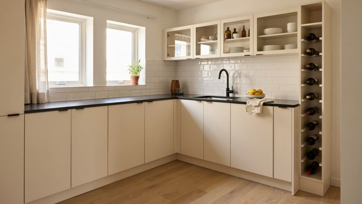 Compact L shape with a tall wine rack column and black solid surface countertops