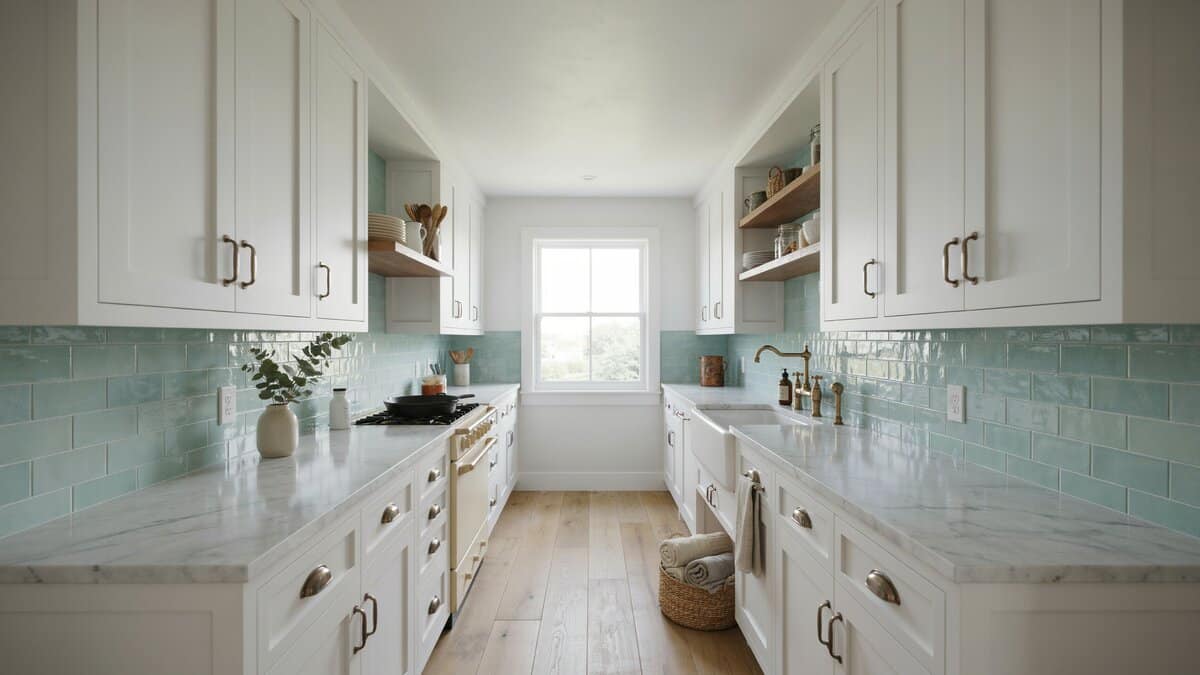 Galley cottage kitchen lined with seafoam subway tile and white marble counters