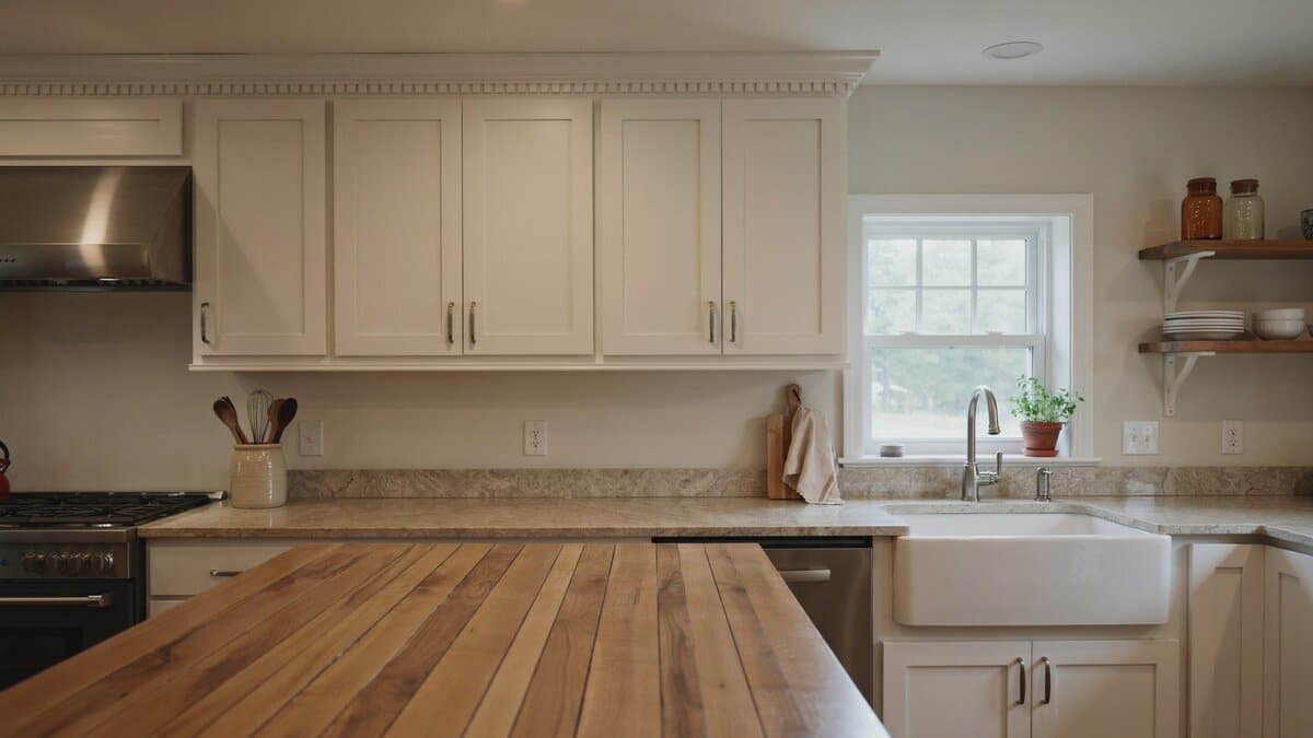 Ivory cabinets topped with crown molding beside an apron sink and a stainless range hood