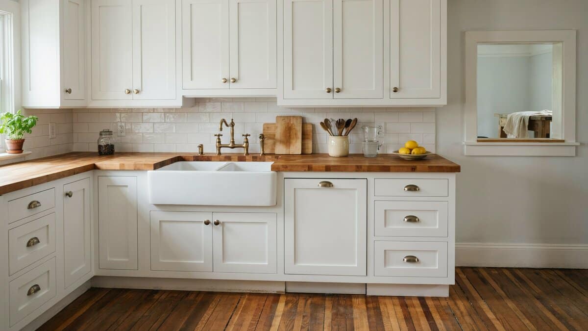White shaker cabinets with butcher block counters wrapping a double basin farmhouse sink