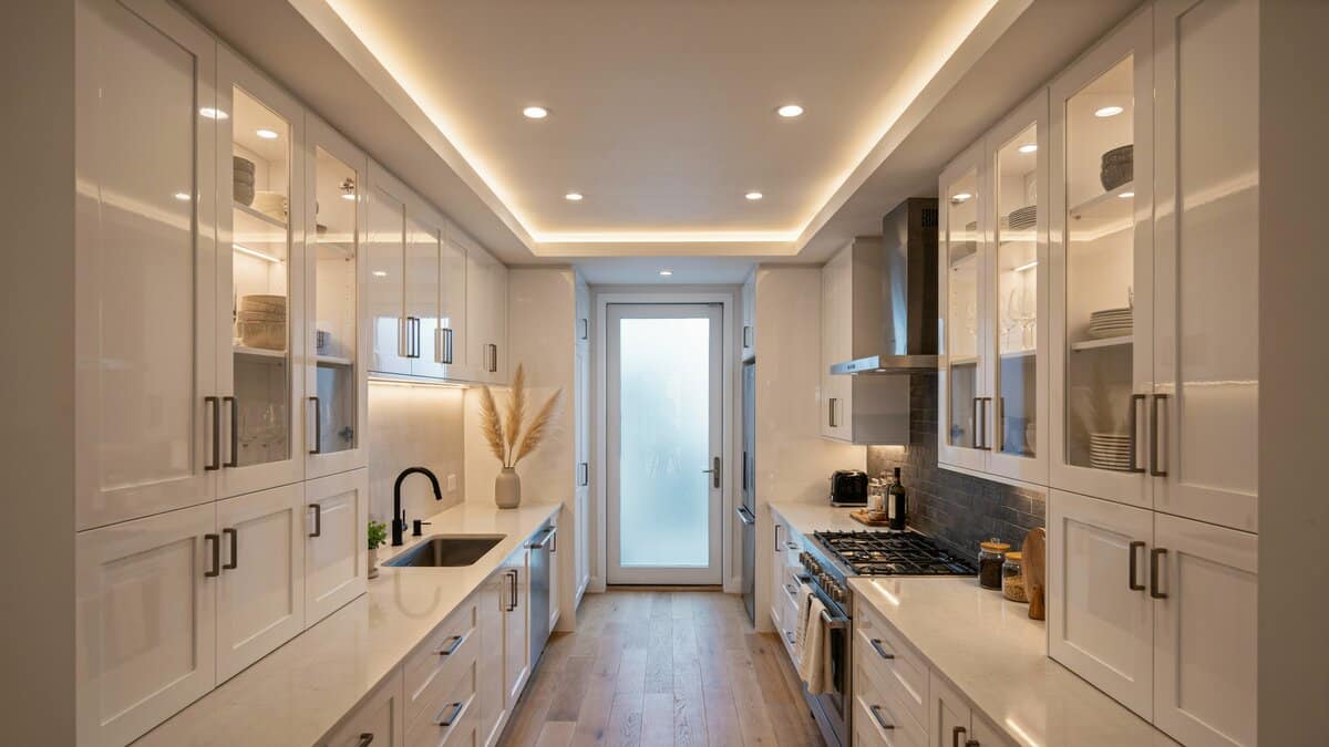 Polished cabinet fronts and a lit tray ceiling framing a frosted glass door at the end