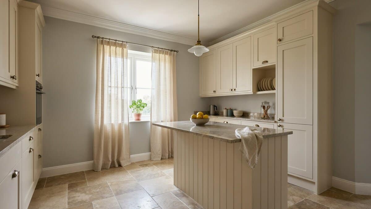 Cream cabinets and a granite topped island over stone floor tiles near a curtained window