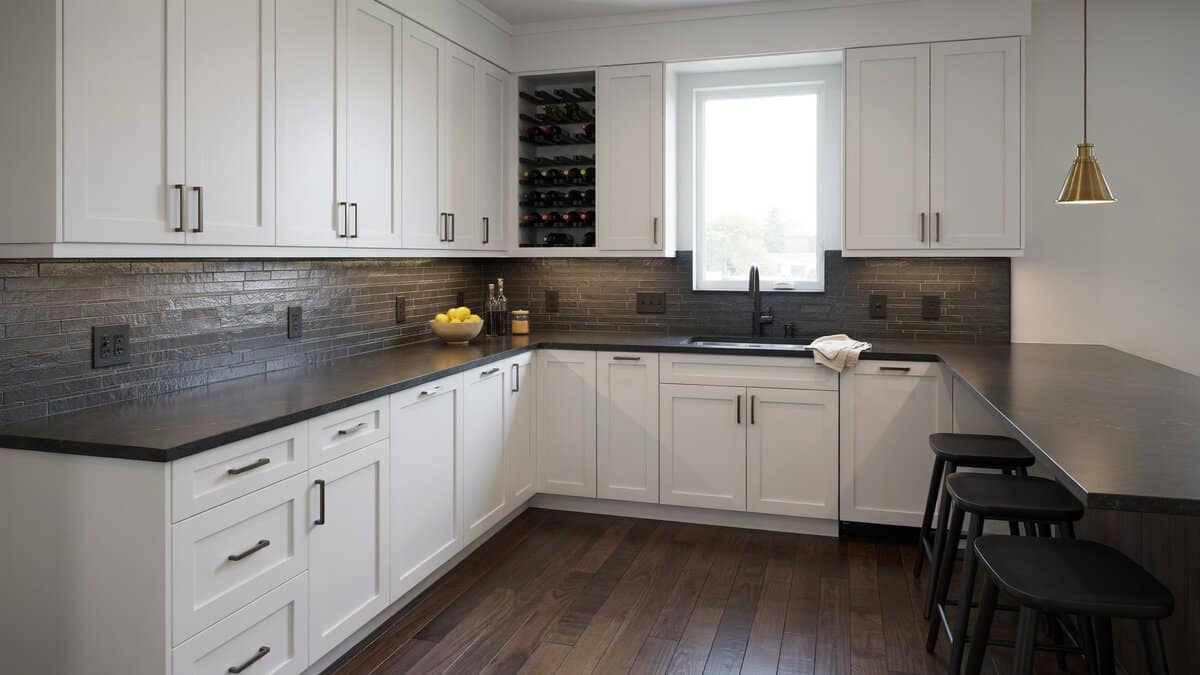 Craftsman panel uppers with a wine rack, black counters and a dining peninsula with stools