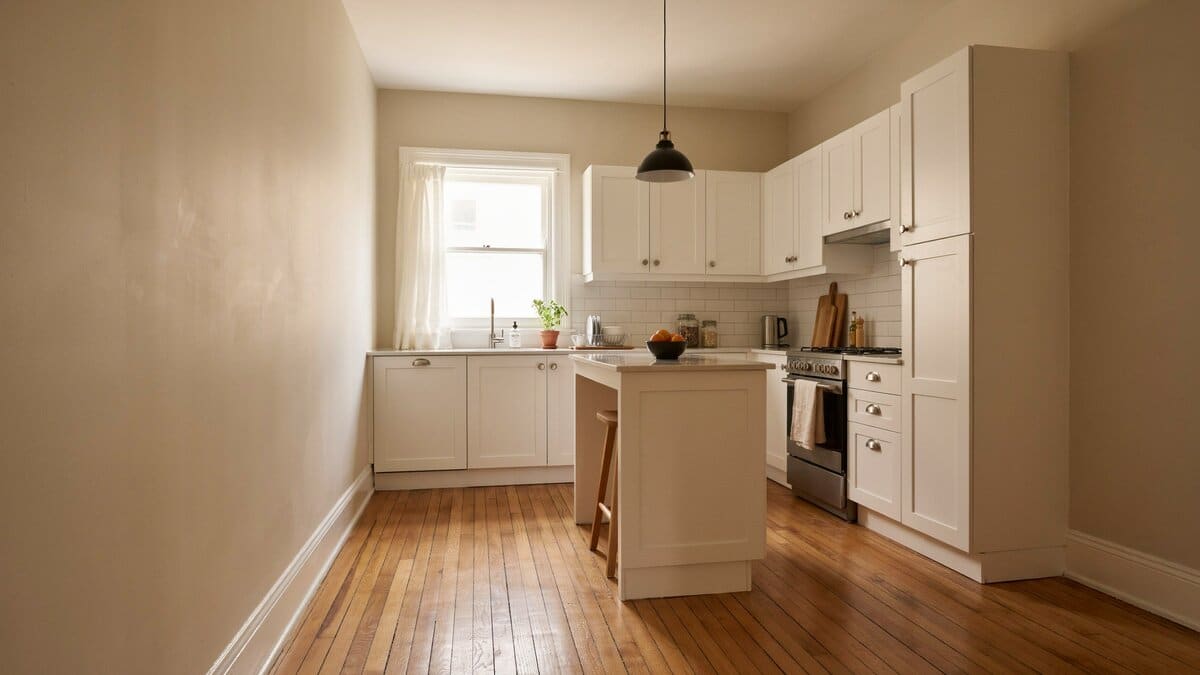 L shaped layout with a compact wood topped island on natural pine plank flooring