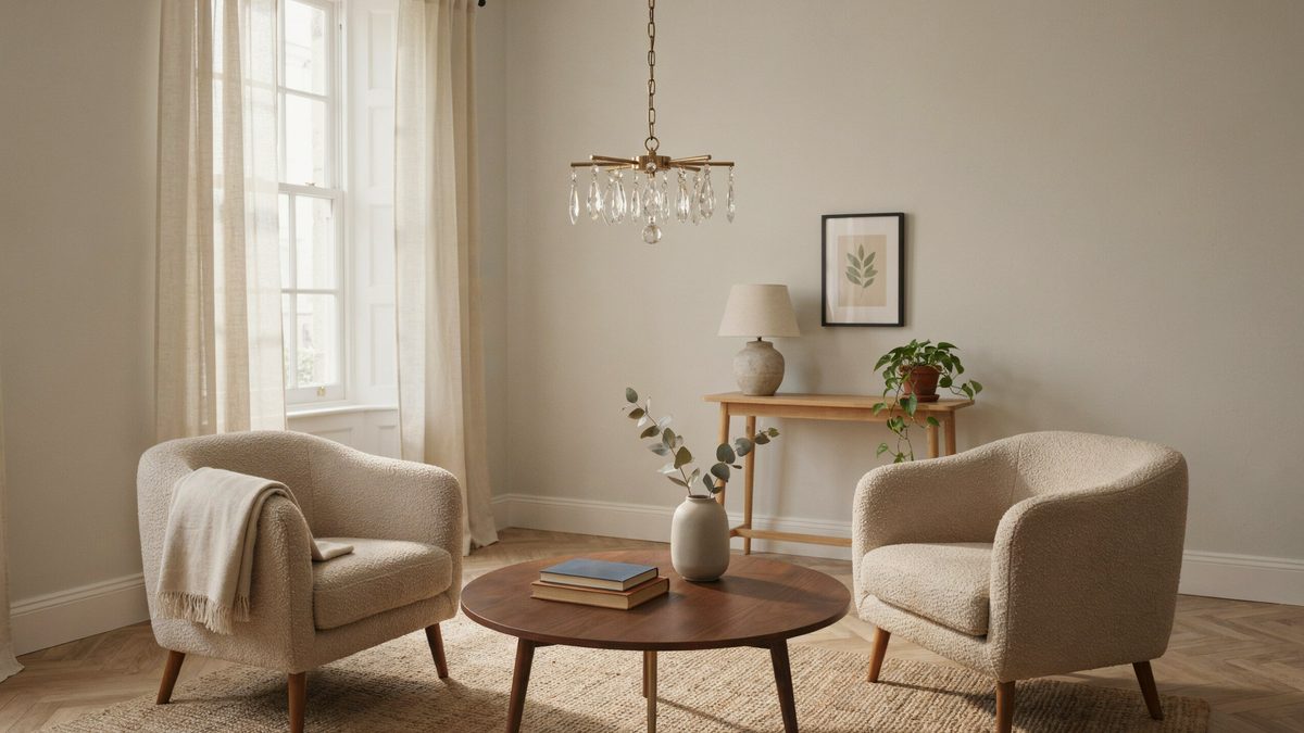 Two cream boucle armchairs framing a round table under a low crystal chandelier