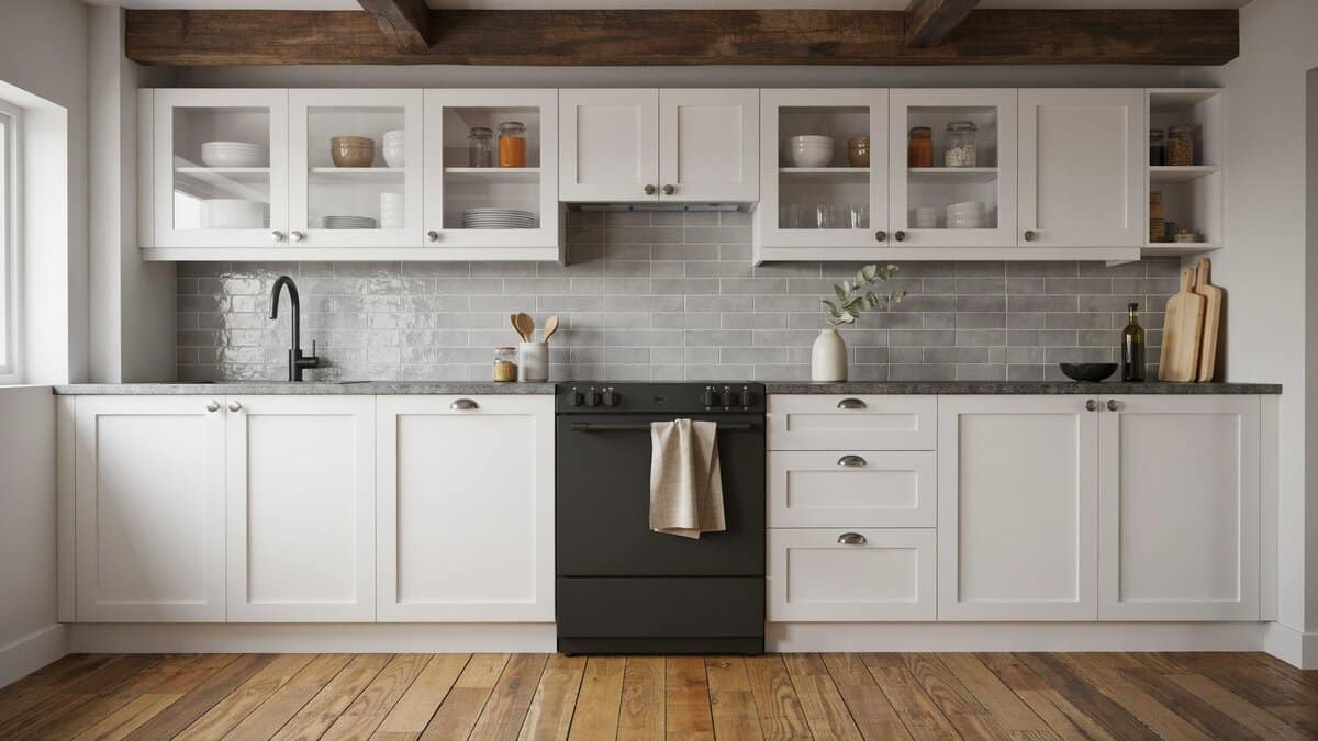 Single wall layout with glass front uppers, gray subway tile and a black range