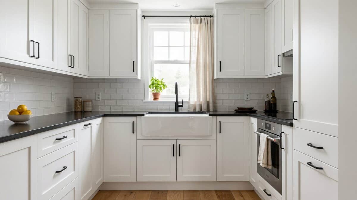 U shaped kitchen with matte black counters, black hardware and an apron front sink