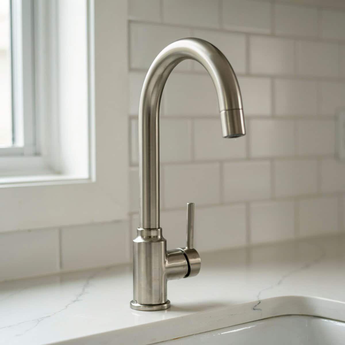 Close up of brushed stainless steel gooseneck faucet on white quartz counter