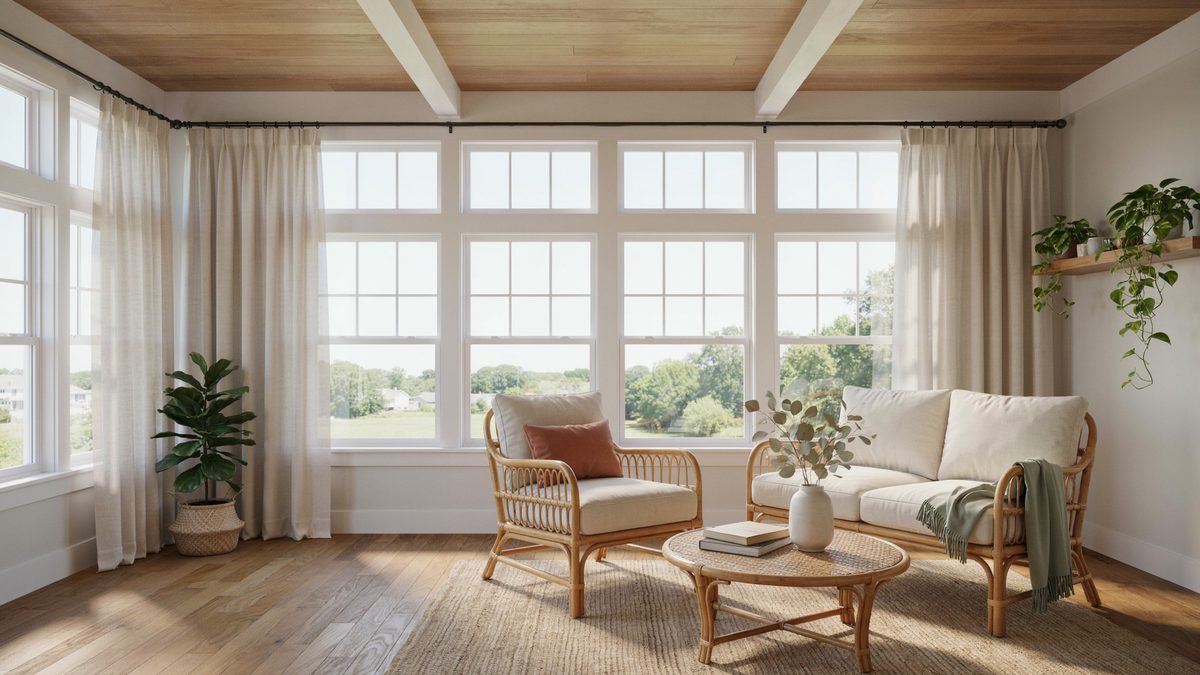 Sunroom with rattan seating, tall windows and prefinished oak flooring