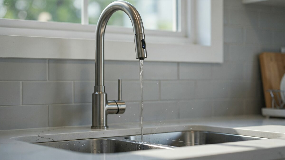 Stainless touchless motion sensor faucet running water over modern sink