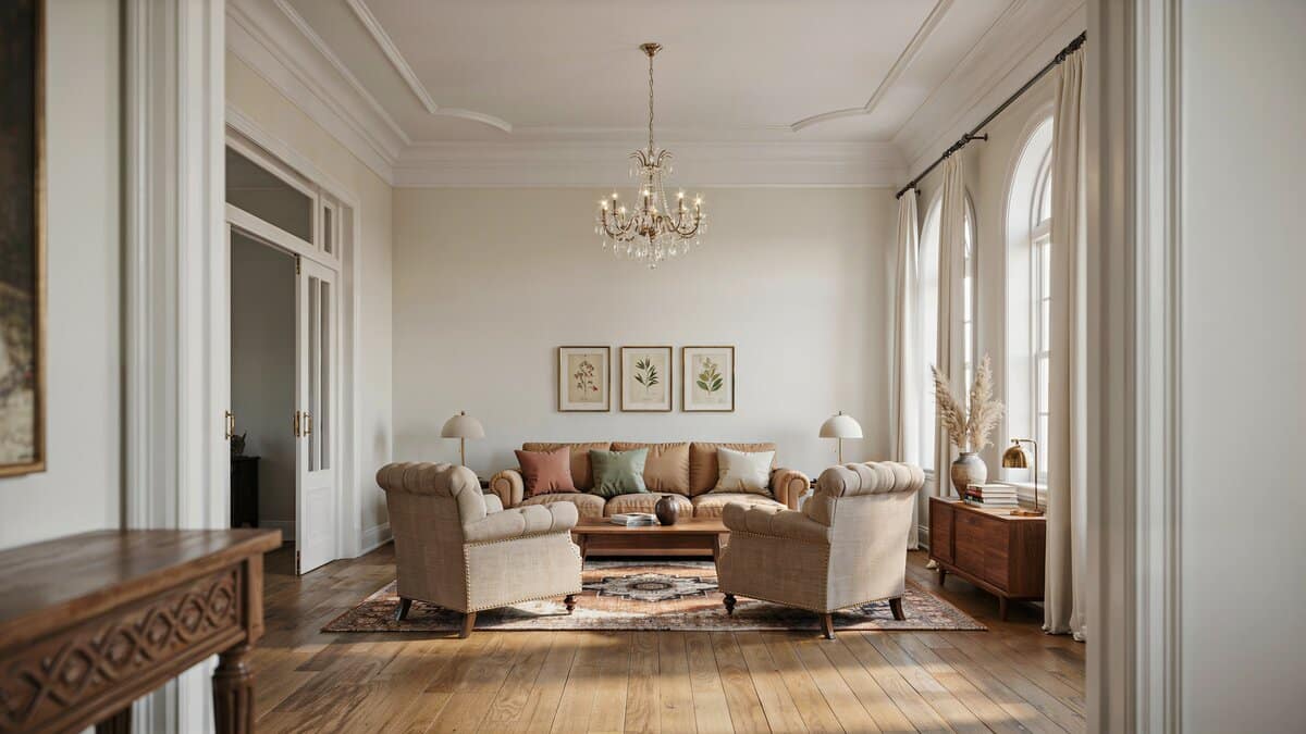 Crystal chandelier hanging from a French coffered tray ceiling above a camel sofa