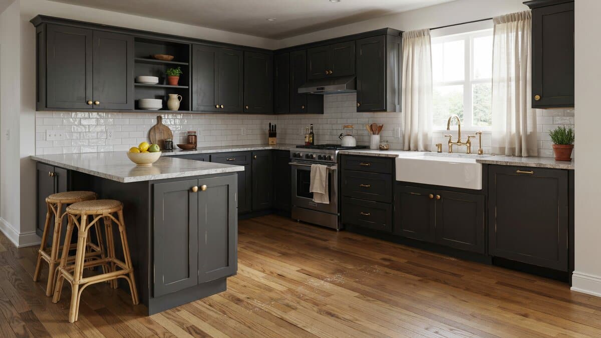 Traditional black distressed cabinets with sanded molding edges and warm wood flooring