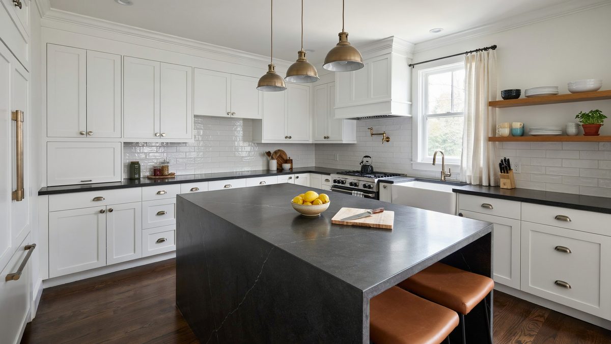 Traditional kitchen pairing a black soapstone island with dark stained ash floors