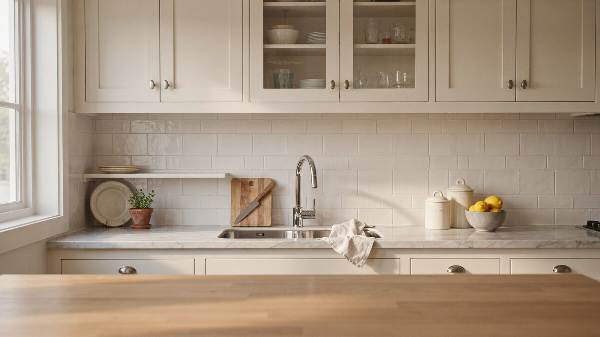Frosted glass upper doors above carrara marble counters and a chrome gooseneck faucet