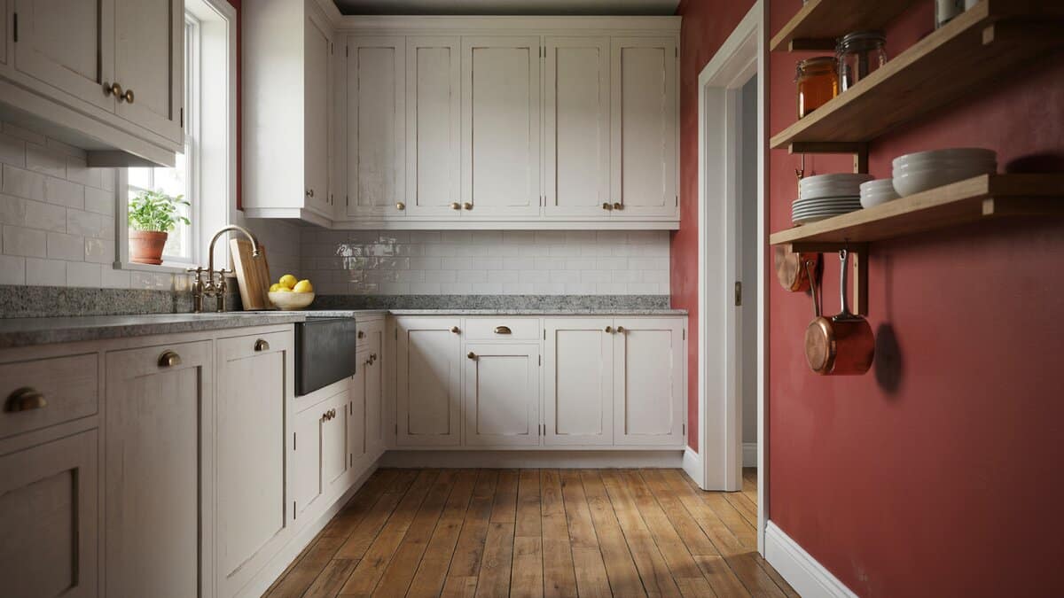 White distressed cabinets with glazed molding crevices against a deep red wall