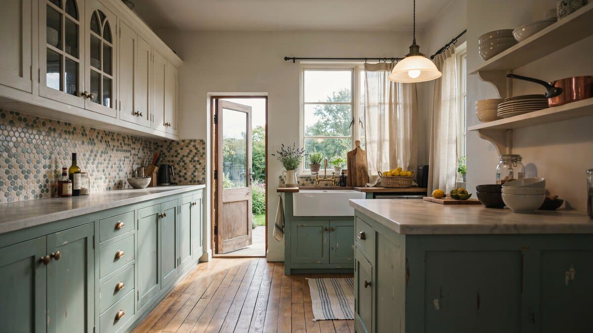 Minty green distressed cabinets with mosaic tile backsplash and hickory wood floors