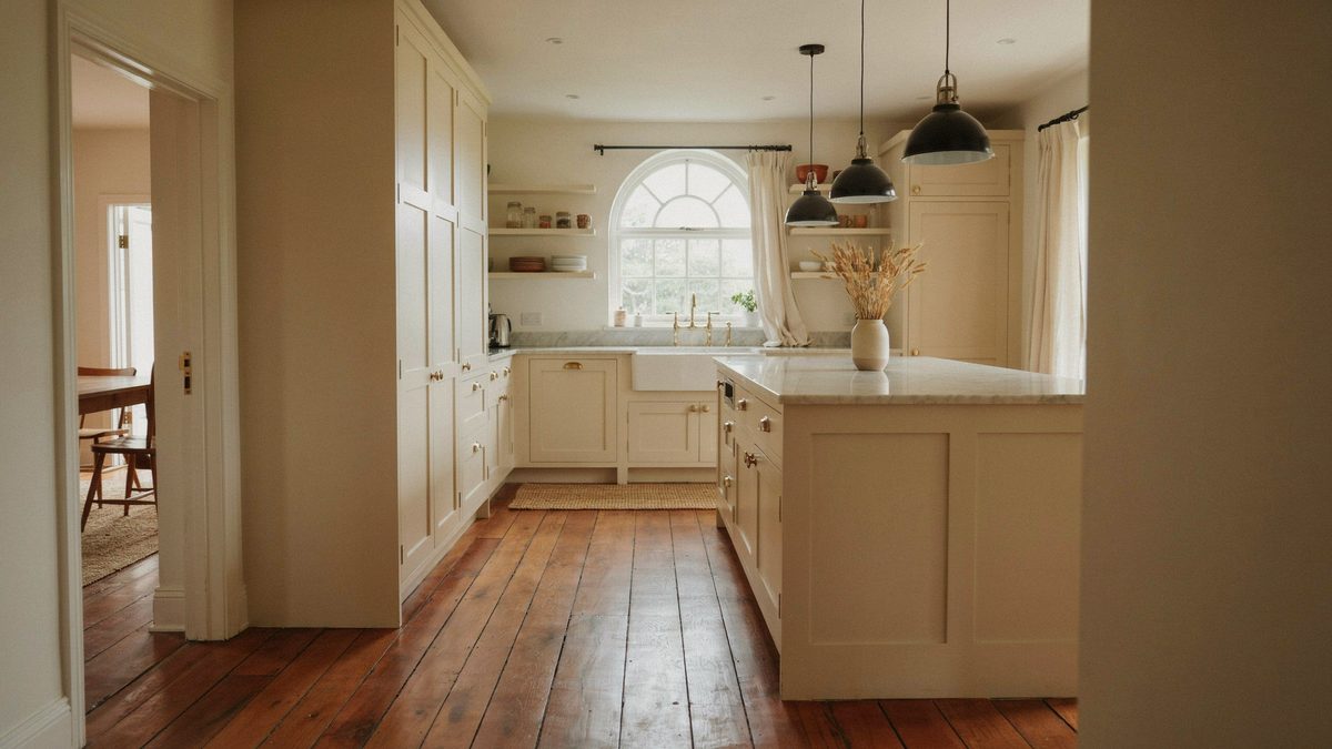 Open layout kitchen with an arched window above reddish rustic hardwood boards