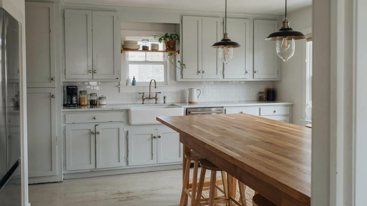 Painted gray cabinets meeting a butcher block peninsula with a single wood stool