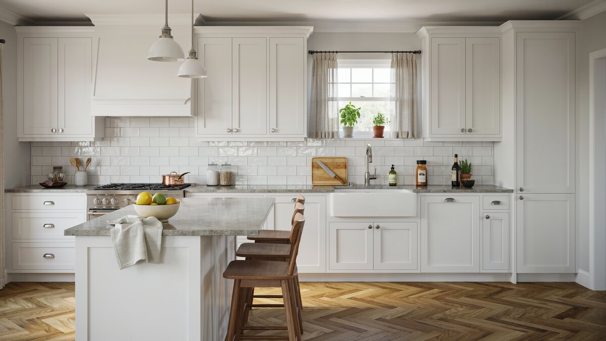 White traditional kitchen with straight neck faucet and breakfast bar island