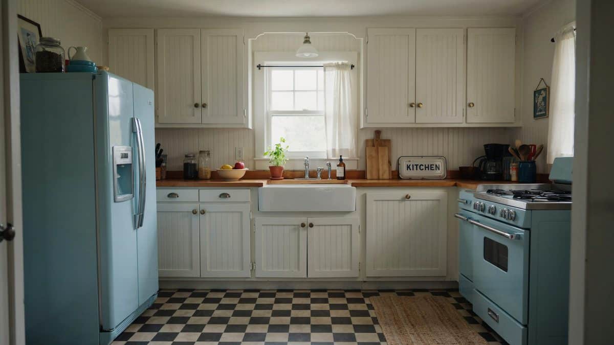 Powder blue vintage range and refrigerator paired with cream cabinets and checkered flooring