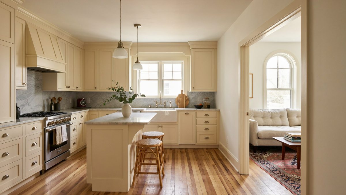 Cream kitchen opening to a living room with continuous white oak floors