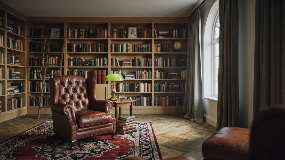 Home library conversion with floor to ceiling built in bookshelves, a rolling ladder and a tufted leather reading chair